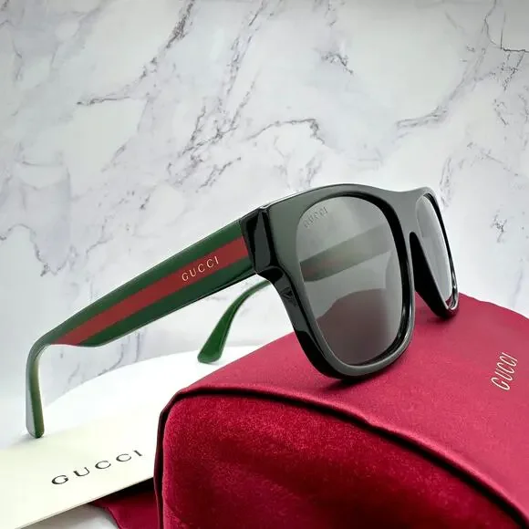 New Gucci Sunglasses Polarized Black Square Red Green Web Arms 56mm Gray Lens - Picture 2 of 15
